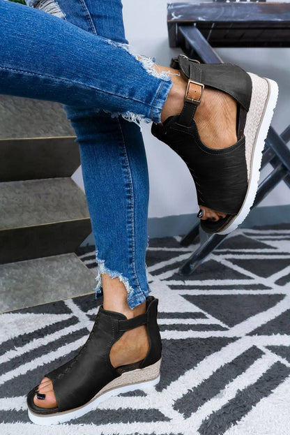 PU Cutout Buckle Strap Platform Slides Shoes